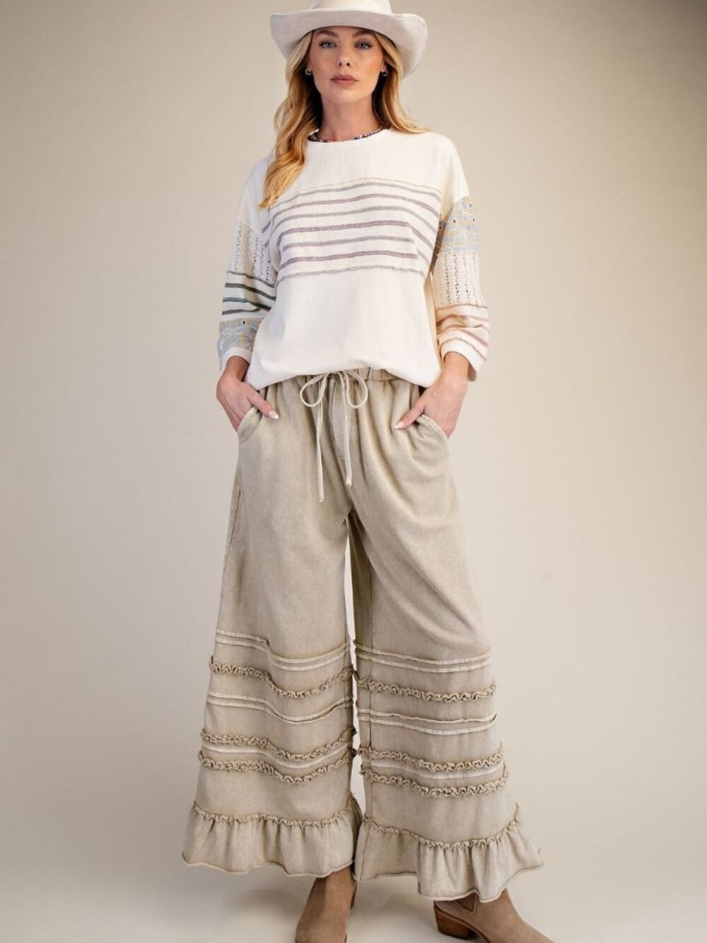 EASEL WASHED TERRY TIERED RUFFLED WIDE LEG PANTS 100% COTTON
